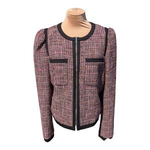 Kate Spade New York Tweed Puff Sleeve Jacket Women's 12 Black Pink Zip Blazer